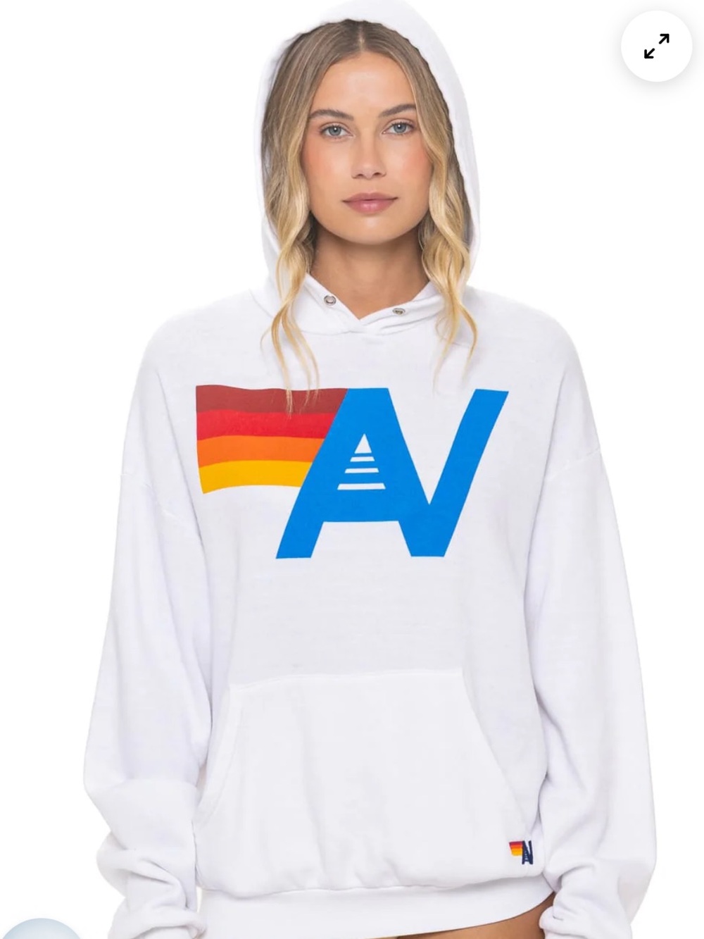 Aviator Nation White Hoodie with Blue Logo and Red-Orange-Yellow Stripe